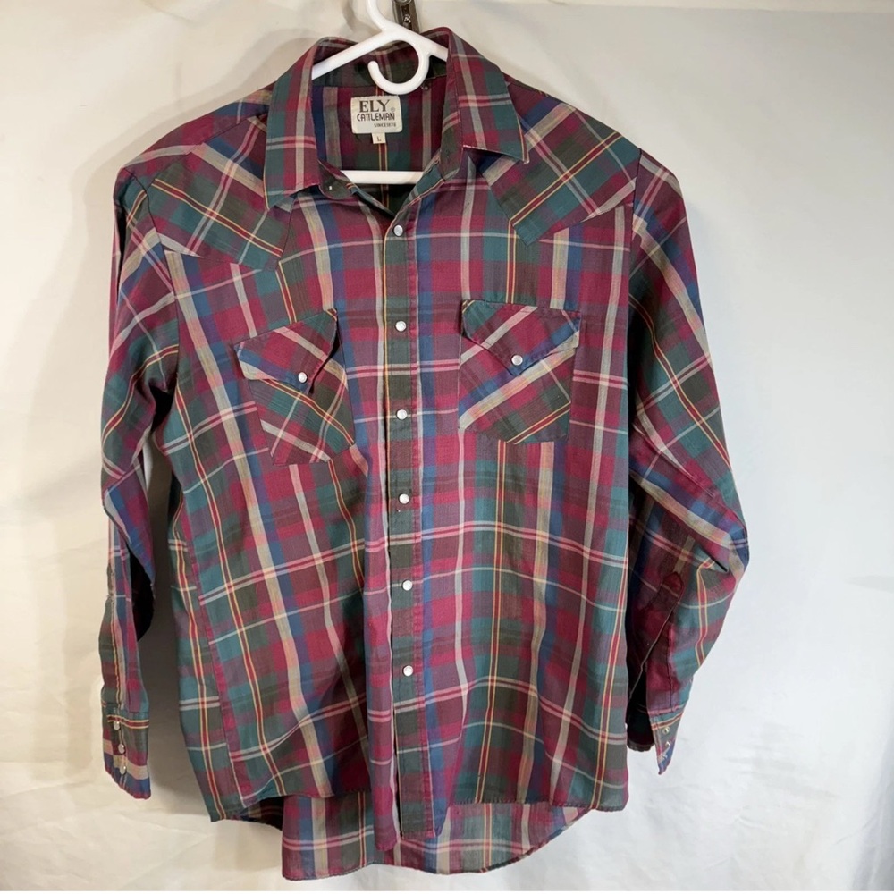 Vintage Ely Cattleman Mens Large Pearl Snap Button Up Western Plaid Red Rodeo